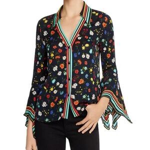 Alice+Olivia Randa Size S Trumpet Sleeve Floral Shirt Blouse Top Button Up